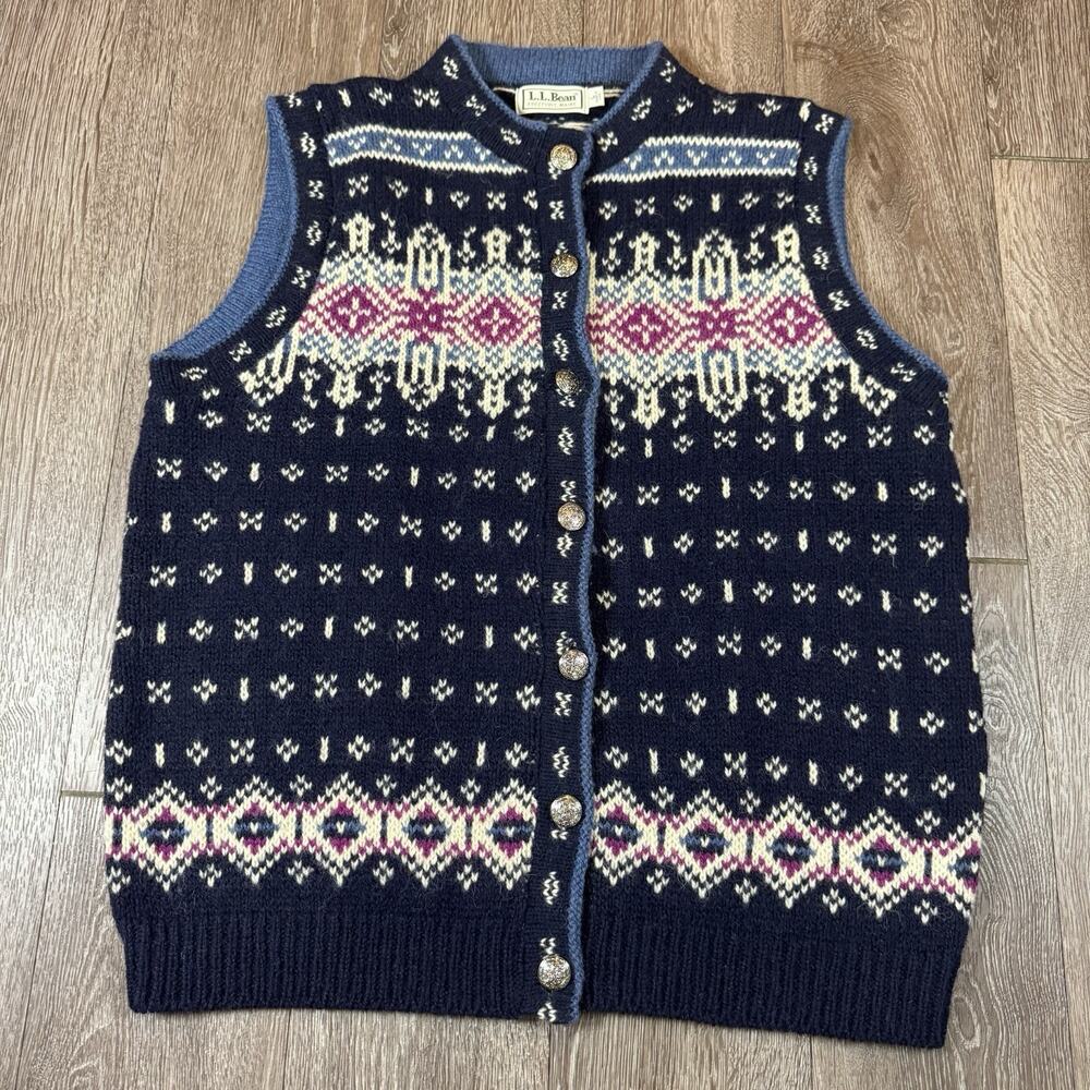 Vintage L.L. Bean Nordic Fair Isle Wool Button Down Sweater Vest Women L USA
